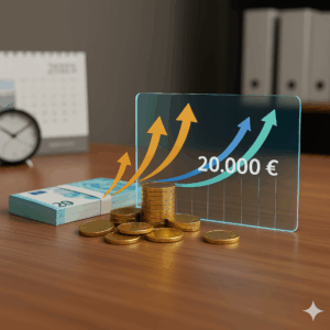 Combien rapporte 20000 euros placés en 2025 ? Graphique montrant la croissance d'un capital de 20 000 euros avec des pièces de monnaie et des flèches montantes.